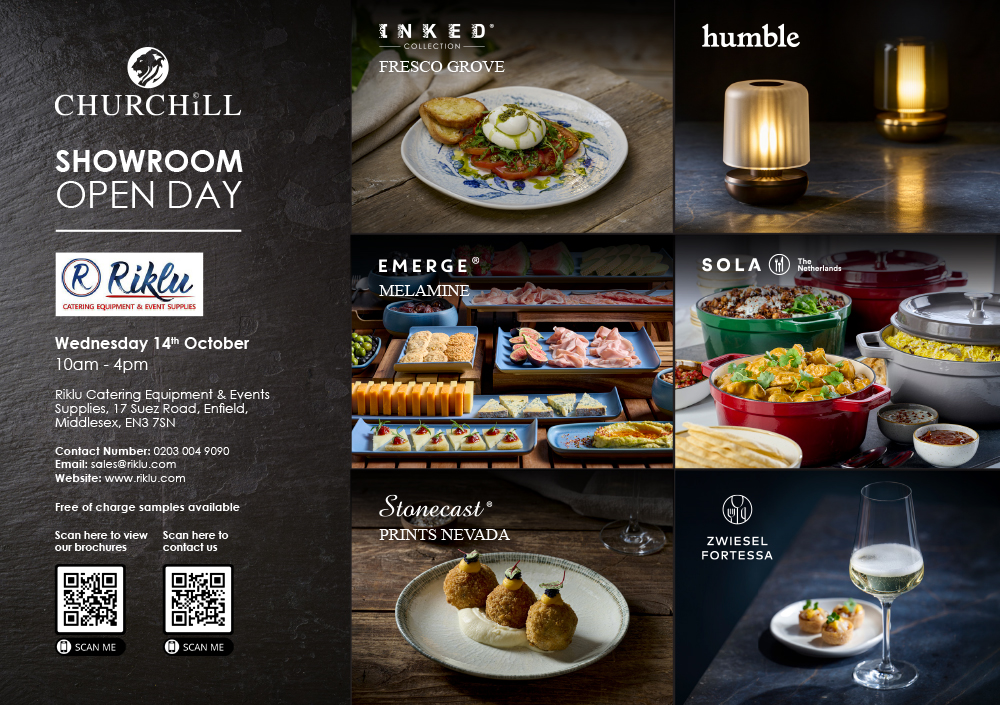Churchill Showroom Open Day poster with Riklu address, opening times, contact details and QR codes